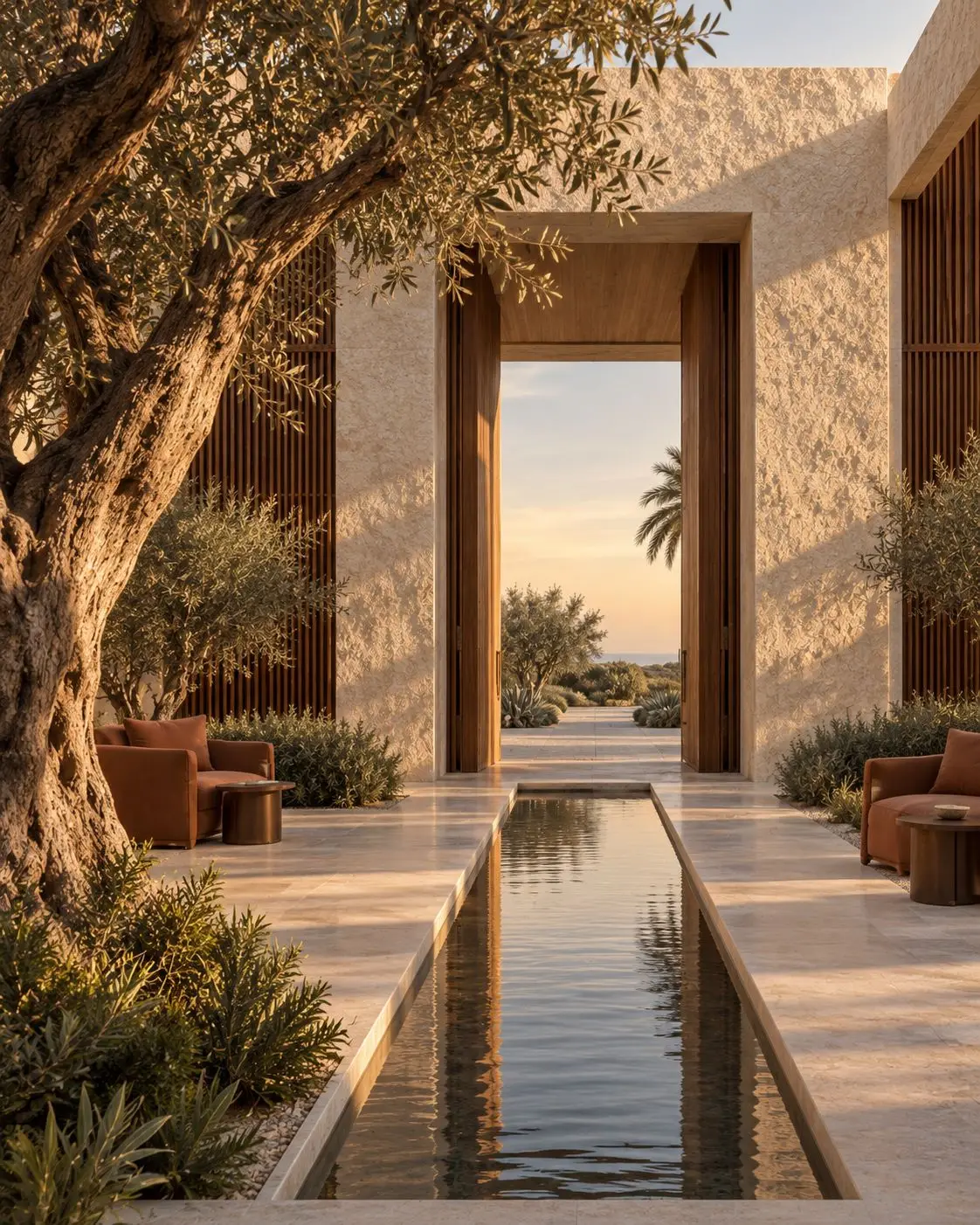 Stone courtyard with an olive tree and a reflecting pool